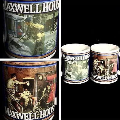 X2 VTG Maxwell House Coffee Fireman Mugs Firehouse & Snow Scene Double Side￼d • $10.51