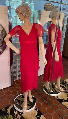 Mother Of The Bride SILK PINK Dress Size 12 Tiered Ruffles Midi Melinda Eng • $49.99