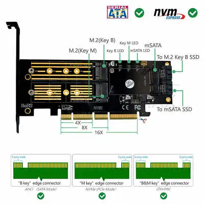 Upgrade 3 In 1 Msata And M.2 NGFF NVME SATA SSD To PCI-E 4X And SATA3 Adapter • $19.47