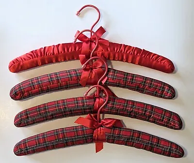 4 Vintage Padded Clothes Hangers Satin Fabric Covered Ribbon Scottish Plaid VG • $19.85