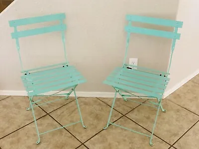 Vintage Blue Turquoise Teal French Bistro Chairs Cafe Leclerec Fermod Metal Fold • $344