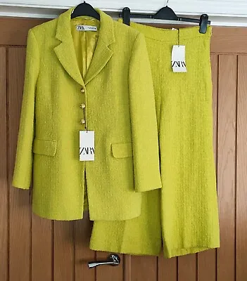 ZARA SUIT Blazer Jacket & Wide Leg Culotte Trousers Textured M Lime Green Co Ord • £99