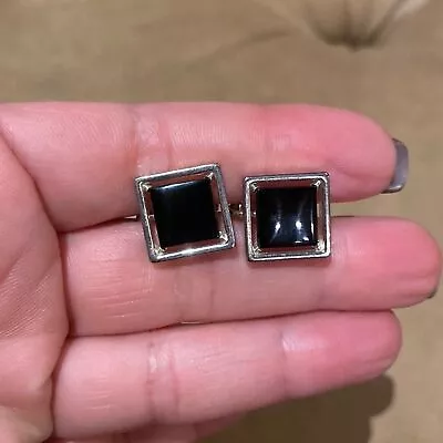 Napier Vintage Clip On Silver Tone Earrings Black Stone • $16