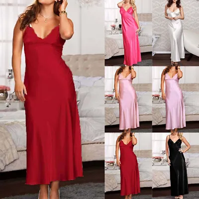 Womens Silk Satin Maxi Night Dress Lingerie Sleepwear Nightgown Long Nightwear • £7.79
