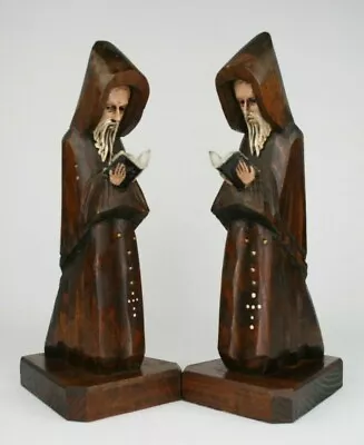 Monk Friar Priest Rosary Wood Folk Art Bookends Bible Hand Carved Vintage Set 2 • $32.99