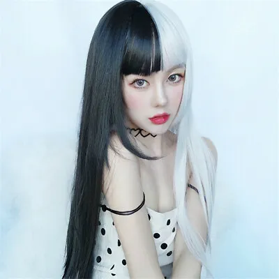 Japan Anime Cute Long Wavy Black Mixed Color White Halloween Cosplay Lolita Wig • £9.68