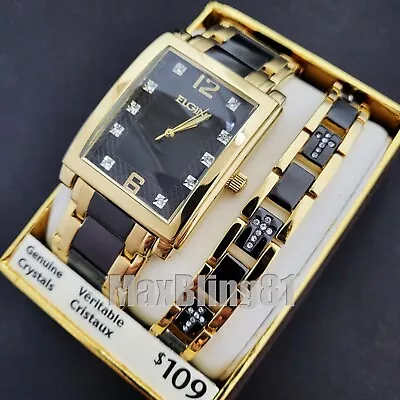 Men Elgin Luxury Gold Tone Bling Lab Diamond Stainless Steel Watch & Bracelet   • $59.99