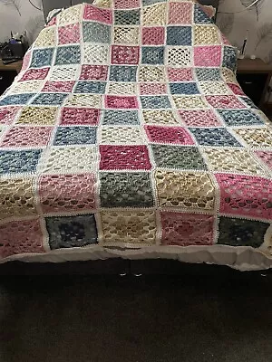 Massive Hand Crafted Crochet Blanket Multi Coloured Approximately 88” X80” • £10