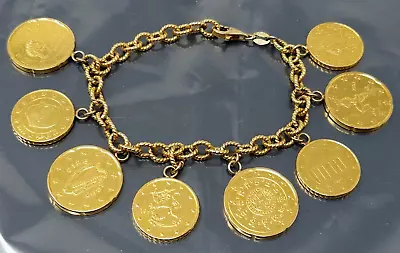 Vintage Italy Euro Coins Sterling Silver 14K GP Charm Bracelet 7  • $155