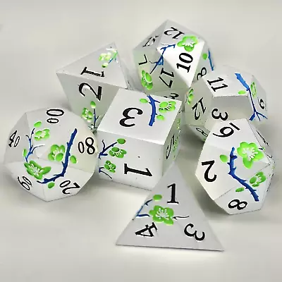 Silver Blue Green Plum Blossom Solid Metal DND Dice Set Polyhedral RPG Game MTG • $19.98