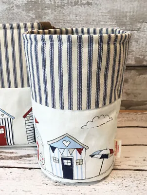 Bathroom Toilet Roll Tidy Holder Basket Leather - Maritime Ticking Beach Huts • £12