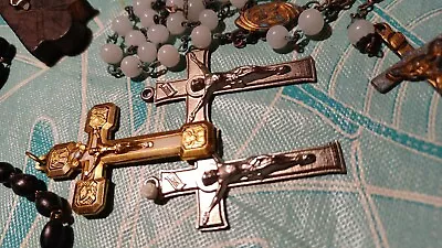 Vintage  Broken Rosaries And 7 Crosses. Glass Wood • $19.99