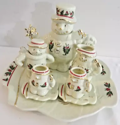 Tea Set Formalities Baum Brothers Christmas Snowman Mini 10pc Porcelain Gold Trm • $8.76