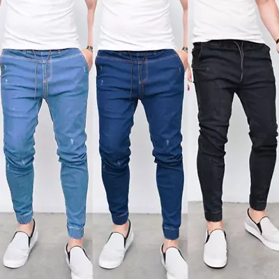 Mens Cuffed Joggers Jeans Elastic Slimming Skinny Trousers Bottoms Denim Pants • $37.01