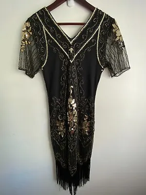 Vintage Flapper Dress Womens Size 8 Black Sequin Beaded Fringed V-Neck Gatsby • $44.99