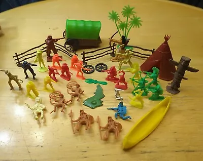 Lot Of Vintage Plastic Cowboy & Indian Western Toys Figures Teepee Wagon  • $7