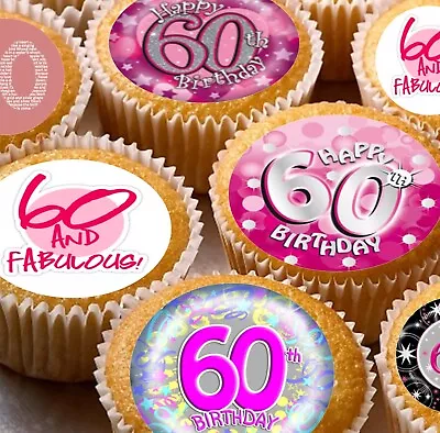 24 Edible 60th Birthday Pink Iced Fondant / Card Cupcake Fairy Cake Topper • £3