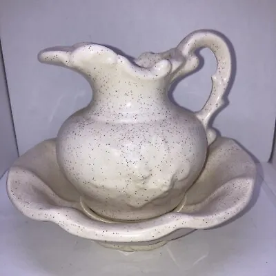 SMALL  McCoy Pottery Pitcher And Wash Bowl  Set Cream Speckled Finish USA 6” • $17.02