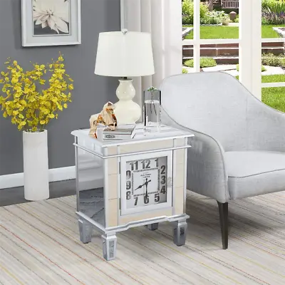 Mirrored Nightstand With Clock Display & 1 Door Cabinet Modern End Side Table • £119.99