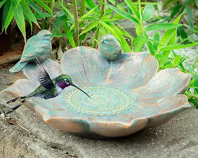 Outdoor Bronze Bird Bath Antique Garden Resin Bird Bath Bowl With Bird Ornament • $43.79