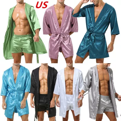 US Men's Satin Robe With Shorts Kimono Bathrobes Nightgown Sleepwear Pajamas Set • $18.03