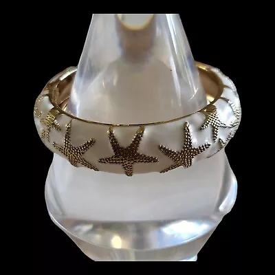 Vintage White Enamel Gold Tone Starfish Hinged Bangle Cuff Bracelet • $22