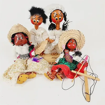 4 Vintage Oil Cloth Mexican Hand Painted Folk Art Dolls Puppet Wedding Couple • $39.95