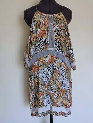 Zulu & Zephyr Shift Dress Cold Shoulder Mesh Rayon African Print Casual Size 12 • $49