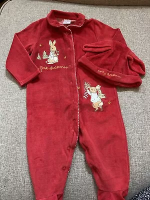 Peter Rabbit My First Christmas Baby Sleepsuit And Hat 6-9 Months • £3.50