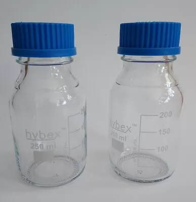 HYBEX GLASS MEDIA BOTTLES 250 ML Clear Laboratory Glassware 2 Bottles W/ Lids • $19.95