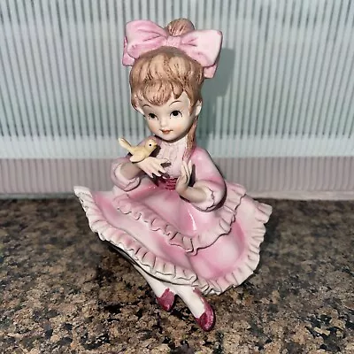 Vintage Lefton Figurine Kw3757 Girl Pink Petticoat Dress Holding A Yellow Bird • $18