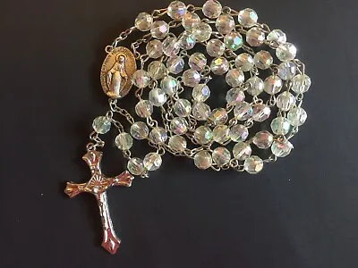 Vintage Handmade Aurora Borealis Faceted Beads 20 Inch Plus Rosary  * • $14.75