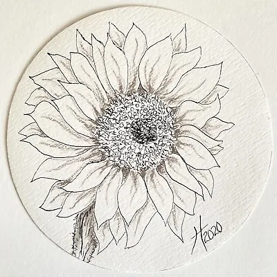 Sunflower Mood - Original Art Round Handmade Pen Pencil Painting Framed 7  • $74.95