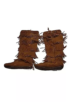 Minnetonka Moccasin 5 Layer Fringe Suede Boots Womens Size 8 Brown • $19.99
