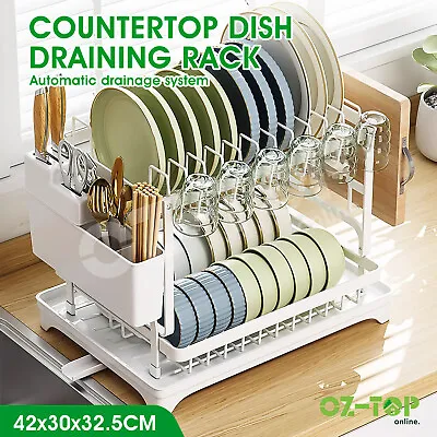 2 Tier Kitchen Dish Drying Rack Drainer Cup Plate Holder Cutlery Tray Organizer • $35.49