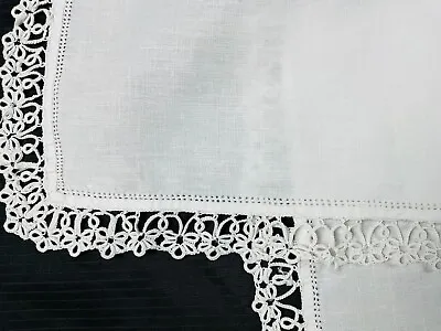 French Linen Fabric  White Handmade Tatting Lace Antique Textile 2.19 Yd • $29