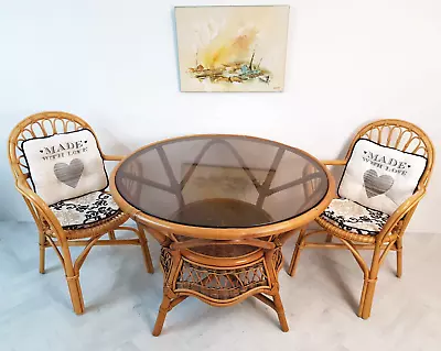 Vintage Mid Century Wicker Rattan & Smoked Glazed Glass Circular Table Chair Set • £259