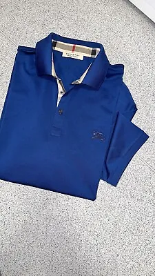 £7.50 • Buy 100% Genuine Men’s Royal Blue Burberry Nova Check Detail Polo Shirt Silky Cotton