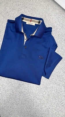 £7.50 • Buy 100% Genuine Men’s Royal Blue Burberry Nova Check Detail Polo Shirt Silky Cotton
