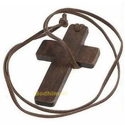 Leather Brown Wooden Cross Pendant String Rope Necklace • $7.98