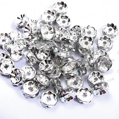 50 - 8mm White Silver Rhinestone Concave Roundel Beads For Making Spinning Lures • $6.99