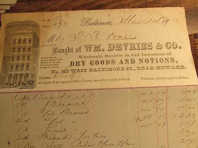 Antique Ephemera Billhead 1870 Baltimore WM Devries Dry Goods Notions • $17.50