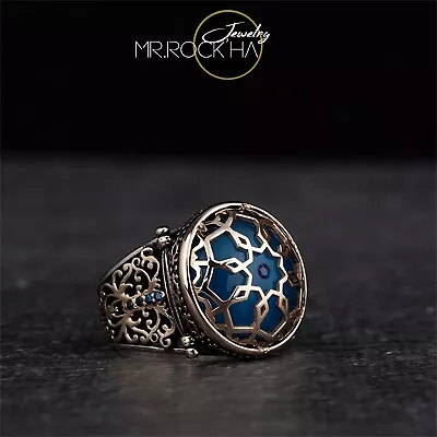 Blue Squeezing Amber Stone In The CageBlue ZirconDome DesignSilver Men's Ring • $192.99