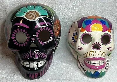 Mexican Pottery Hand Painted Ceramic Sugar Skull Set Day Of The Dead 6” Tall • $78.99