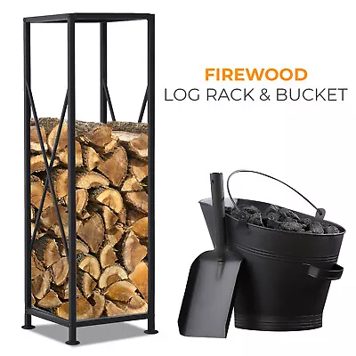 Large Black Firewood Log Rack Storage Holder Metal Shelf Stand Tall Steel Bucket • £13.85