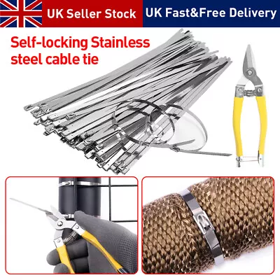 200x Stainless Steel Metal Cable Ties Zip Wrap Exhaust Heat Straps + Scissors • £13.49