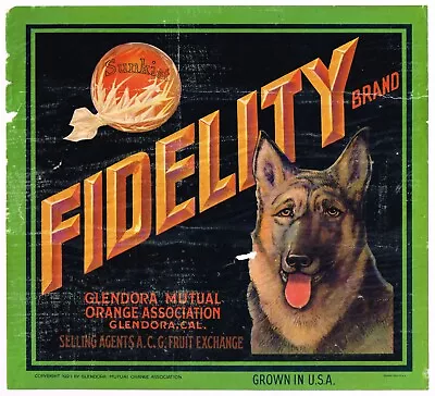 Genuine Crate Label Vintage Fidelity Glendora German Shepherd Dog 1923 Soaker • $19.95