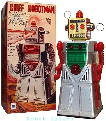 Chief Robotman Robot Battery Operated Tin Toy Silver • $75