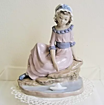 Lladro Nao Figurine 'girl Sitting By Lake Watching Sailing Boat' Dated 1983 Vgc. • £6