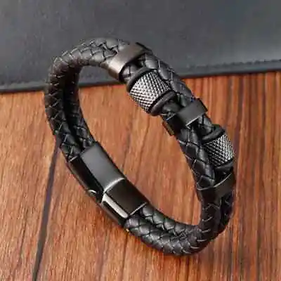 Men's Genuine Leather Braided Bracelet Stainless Steel Magnetic Buckle Bangle • $12.98